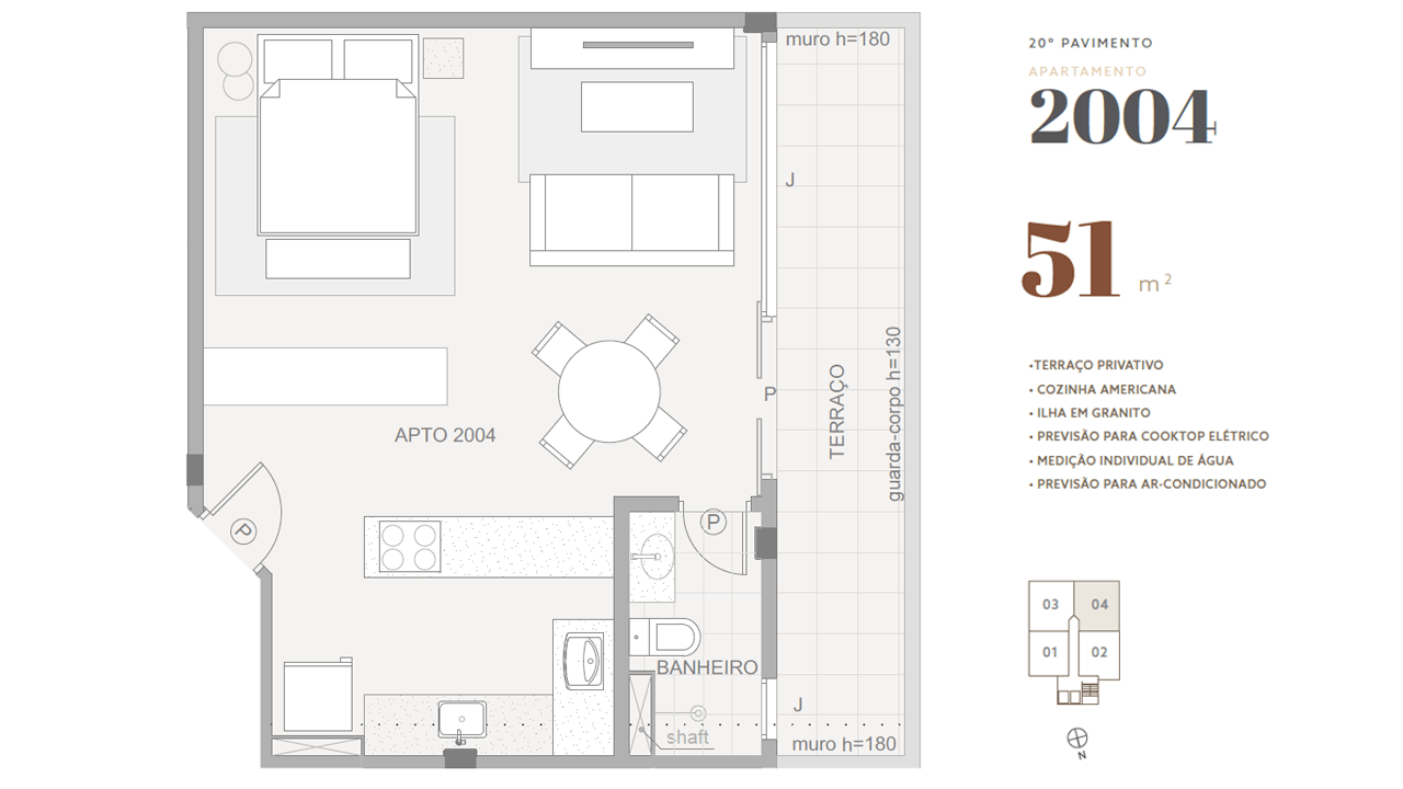 20º pavimento • apto 2004 • 51 m²