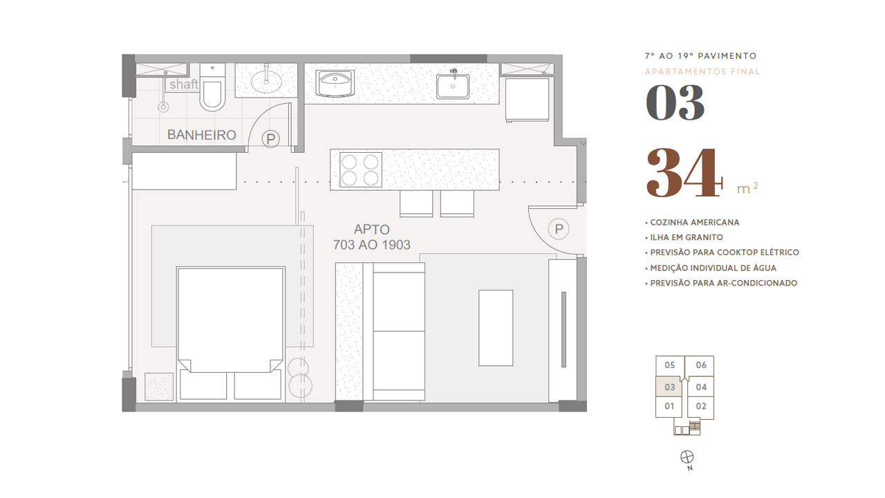 7º ao 19º pavimento • final 03 • 34 m²