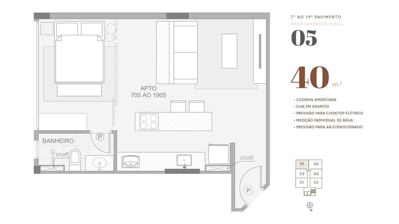 7º ao 19º pavimento • final 05 • 40 m²