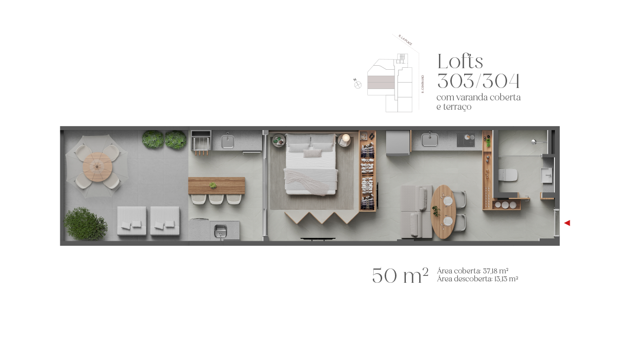 Loft com varanda coberta e terraço descoberto