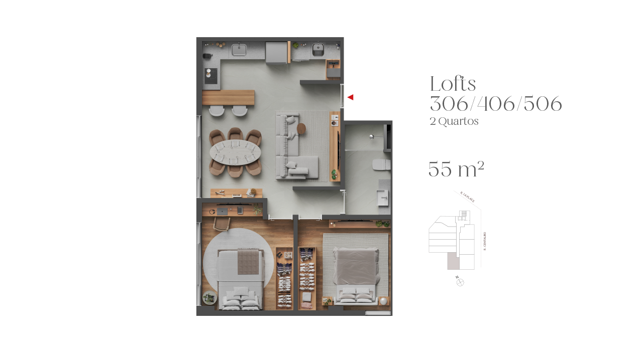 Loft com 2 quartos