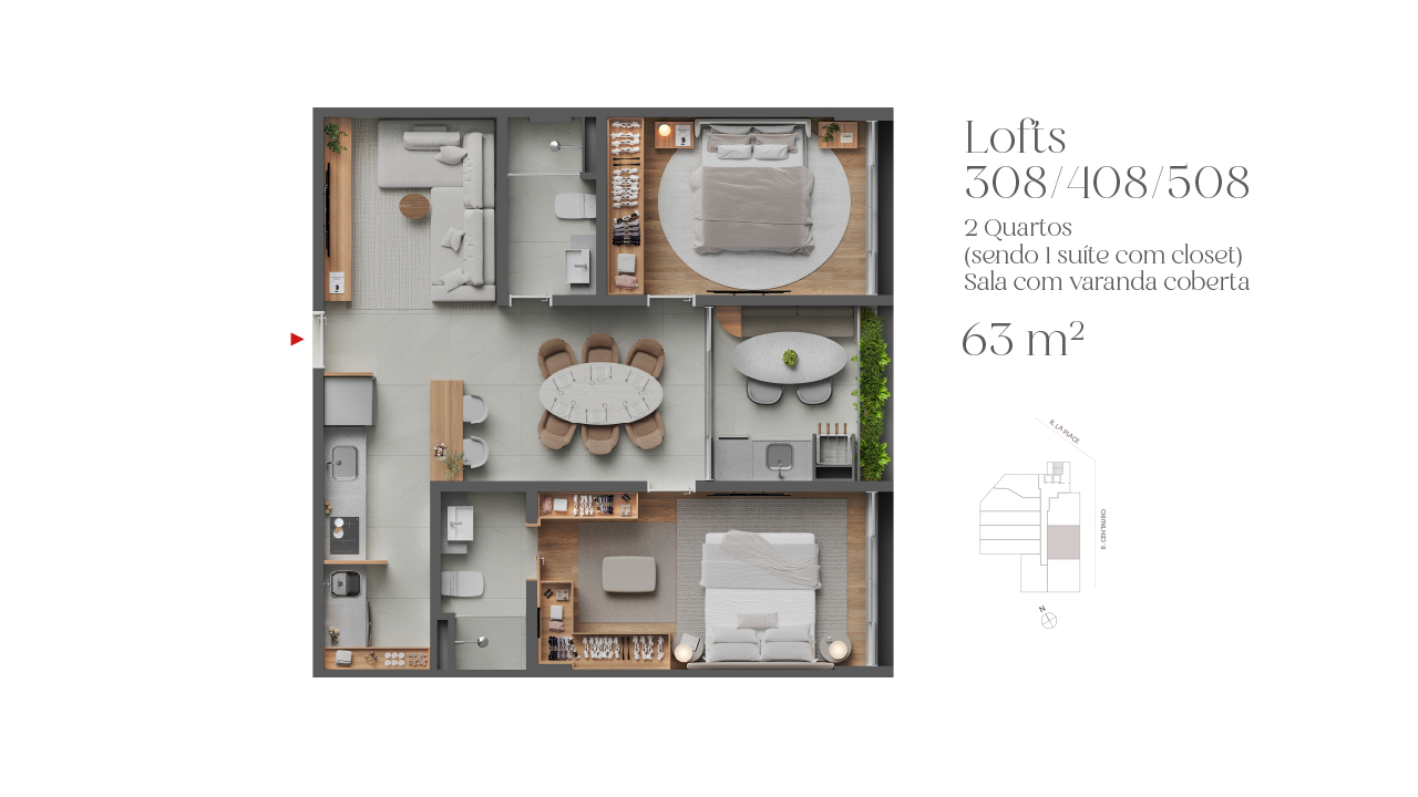 Loft com suíte e closet, sala com varanda coberta